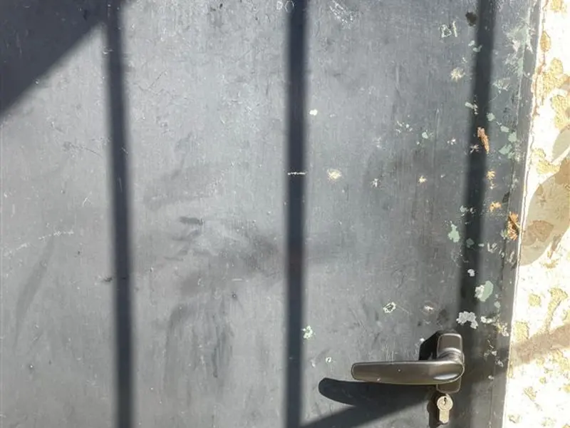 Manilla y bombín en una puerta metálica gris