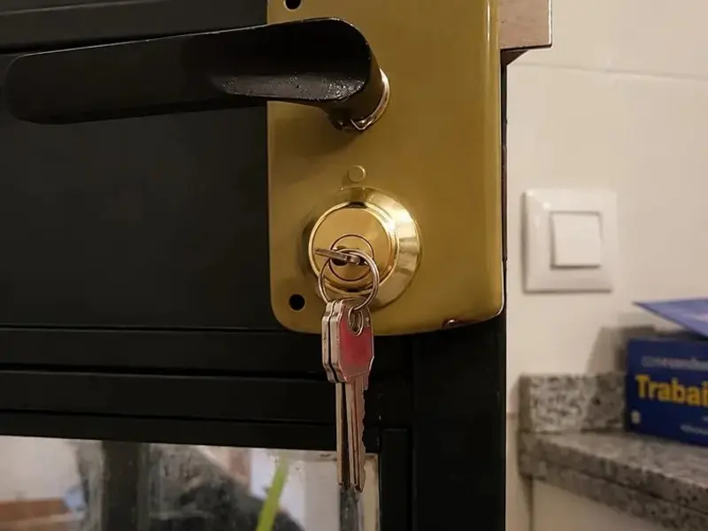 Cerradura de sobreponer en una puerta metálica con cristal